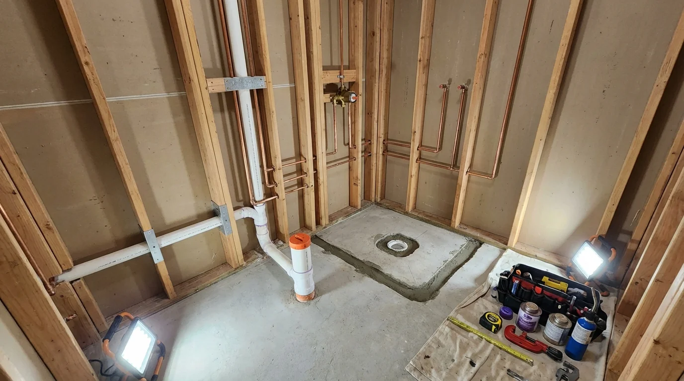 Bathroom rough-in plumbing during remodel by Johns Plumbing LLC in Jayuya