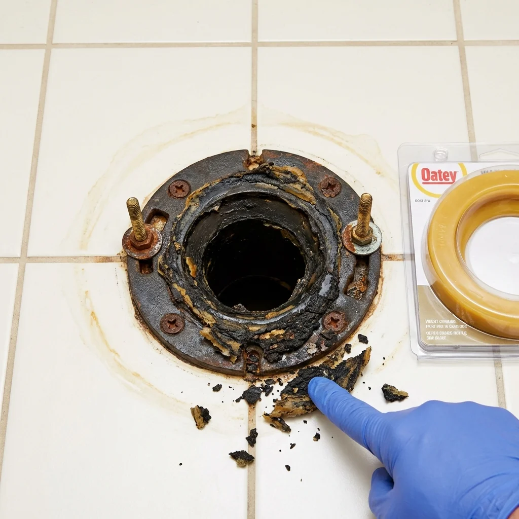 Failed wax ring showing water seepage at the base of a toilet in a Jayuya, PR home