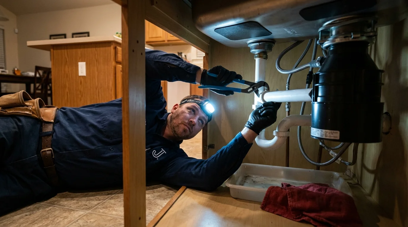 P-trap and supply line connections under a kitchen sink showing a common leak point in Jayuya, PR